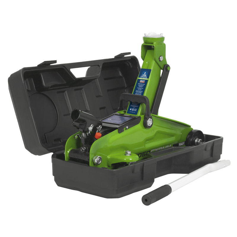 Sealey Trolley Jacks 2 Tonne Short Chassis Hi-Vis Trolley Jack with Storage Case-1050CXDHV 5054630020049 1050CXDHV - Buy Direct from Spare and Square