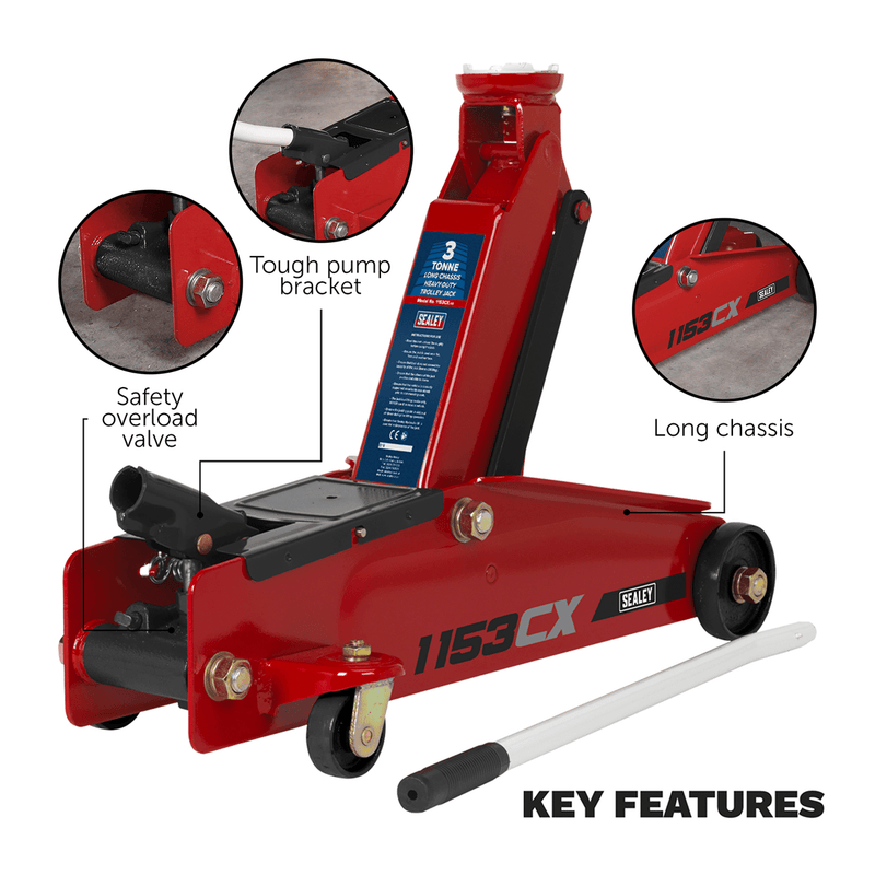 Sealey Trolley Jacks 3 Tonne Long Reach Heavy-Duty Trolley Jack-1153CX 5024209595964 1153CX - Buy Direct from Spare and Square
