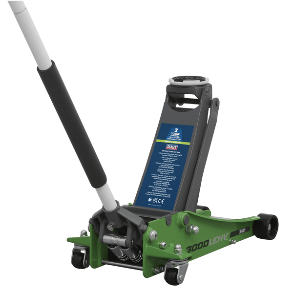 Sealey Trolley Jacks 3 Tonne Low Profile Trolley Jack with Rocket Lift - Hi-Vis Green-3000LEHV 5054630015328 3000LEHV - Buy Direct from Spare and Square