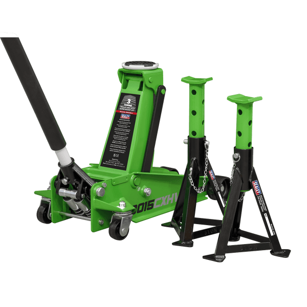Sealey Trolley Jacks 3 Tonne Trolley Jack with Super Rocket Lift & Axle Stands (Pair) - Hi-Vis Green-3015CXHV 5054511980929 3015CXHV - Buy Direct from Spare and Square