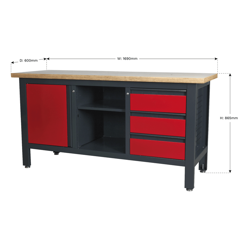 Sealey Workbenches Workstation with 3 Drawers, 1 Cupboard & Open Storage-AP1905B 5054511099881 AP1905B - Buy Direct from Spare and Square