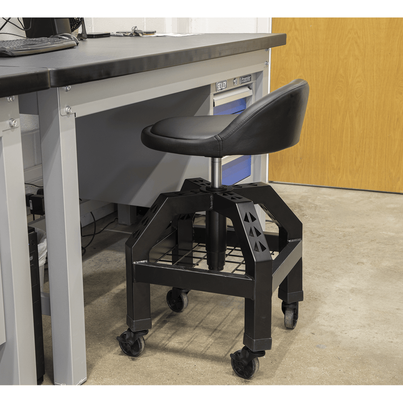 Sealey Workshop Stools Pneumatic Creeper Stool with Adjustable Height Swivel Seat & Back Rest-SCR03B 5054511773910 SCR03B - Buy Direct from Spare and Square