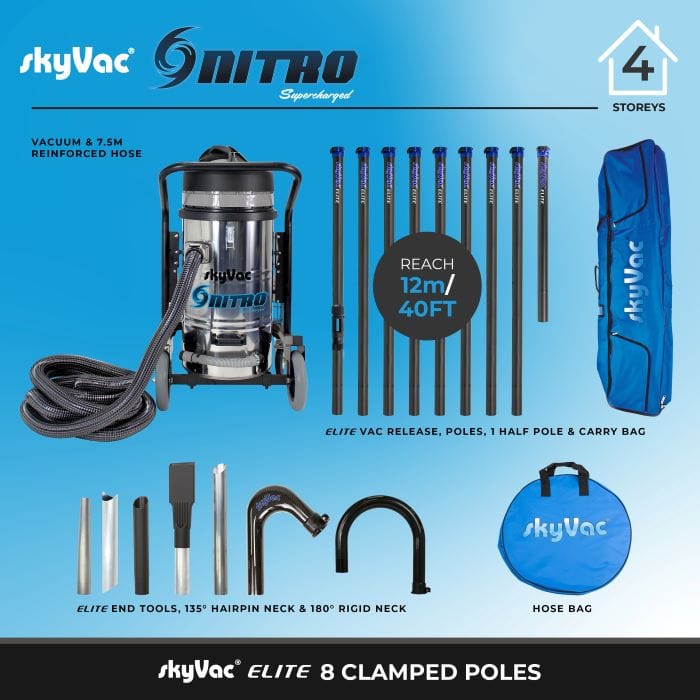 SkyVac Vacuum Cleaner 240v 8 Pole 40ft (12m) SkyVac Nitro With Elite High Reach Pole Set - Triple Motor With Upto 40ft Reach Nitro With 8 Pole Kit - Buy Direct from Spare and Square