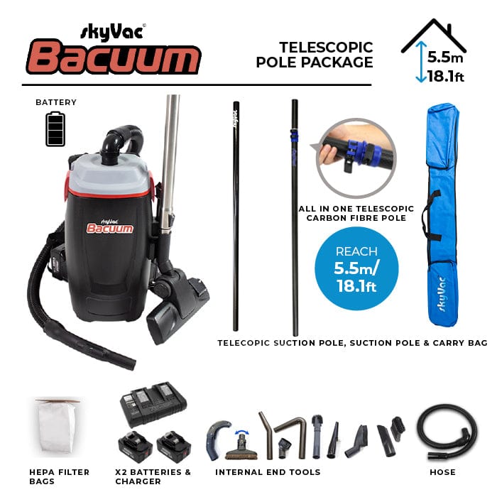 SkyVac Bacuum - High Level Back-Pack Vacuum Cleaner - Mains or Battery - Up To 28ft - Vacuum Cleaner