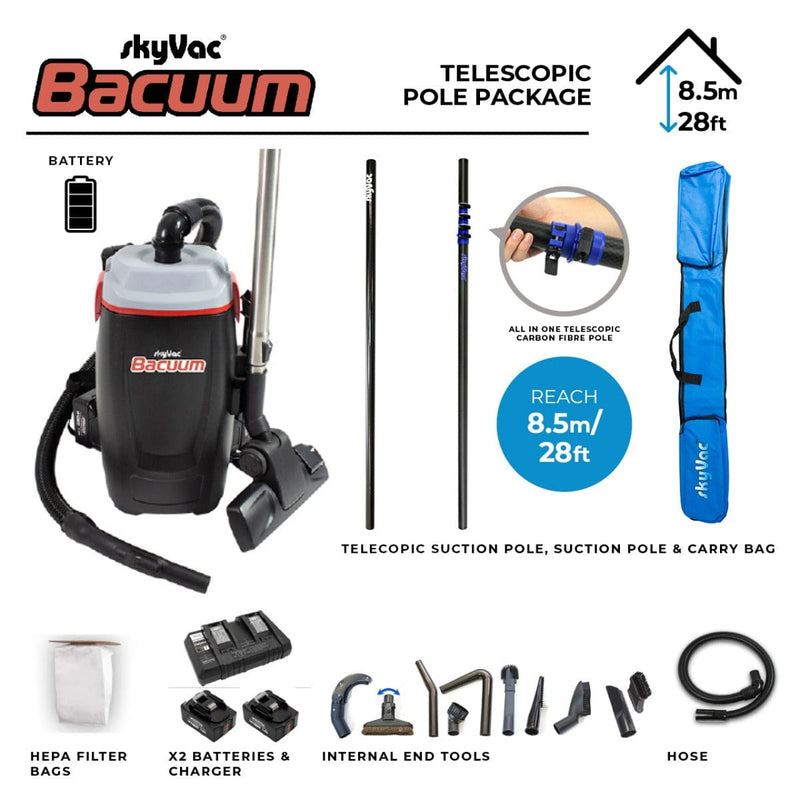 SkyVac Bacuum - High Level Back-Pack Vacuum Cleaner - Mains or Battery - Up To 28ft - Vacuum Cleaner
