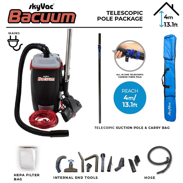 SkyVac Vacuum Cleaner Mains (240v) / 4 Meter (13.1ft) SkyVac Bacuum - High Level Back-Pack Vacuum Cleaner - Mains or Battery - Up To 28ft Bacuum 240v 4 Meter Kit - Buy Direct from Spare and Square
