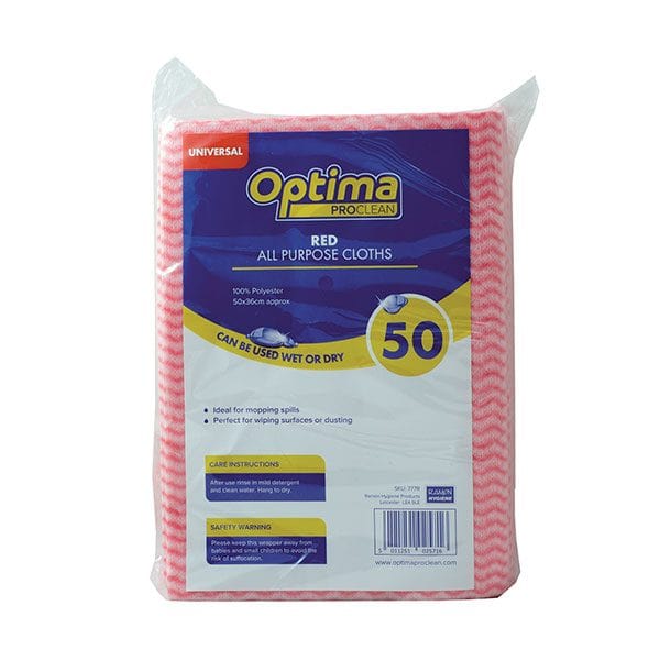 Spare and Square All Purpose Cloths Red Optima Proclean Spunlace All Purpose Cloths - Colour Coded - Pack of 50 - 50 x 36cm 777R - Buy Direct from Spare and Square