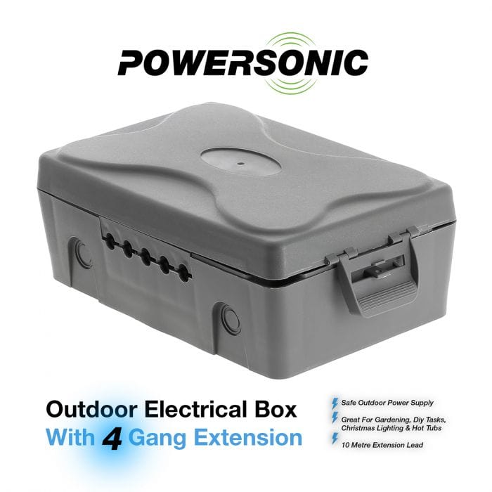 Spare and Square Extension Leads Powersonic Outdoor Weatherproof Electric Box - Black 4 Gang 10m Extension Lead - IP65 JF3005BLK - Buy Direct from Spare and Square