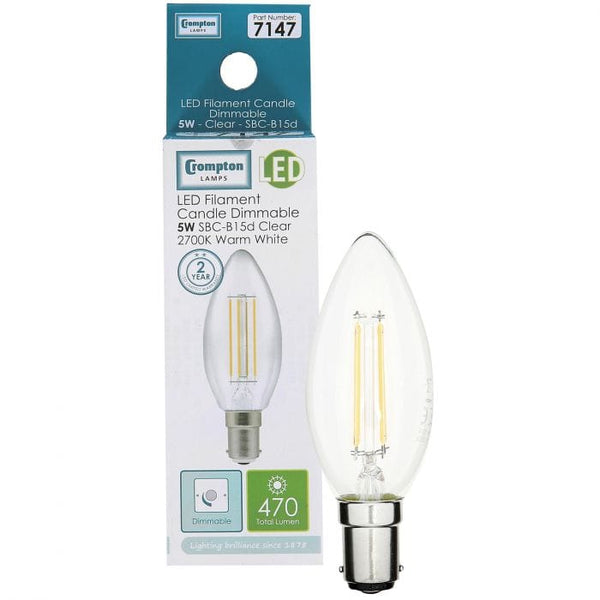 Spare and Square Light Bulb Crompton Candle LED Filament Bulb - SBC - 5W JD7147 - Buy Direct from Spare and Square