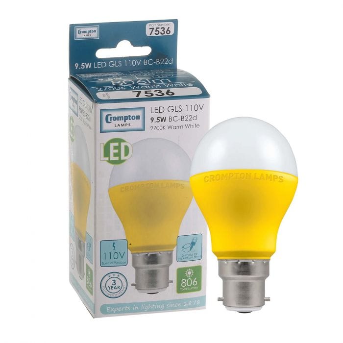 Spare and Square Light Bulb Crompton LED 9.5W GLS Thermal Bulb - 110V - BC JD110BC - Buy Direct from Spare and Square