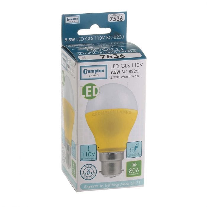 Spare and Square Light Bulb Crompton LED 9.5W GLS Thermal Bulb - 110V - BC JD110BC - Buy Direct from Spare and Square