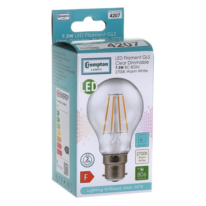 Spare and Square Light Bulb Crompton LED Filament Bulb - GLS - BC - 7.5W JD5131B - Buy Direct from Spare and Square