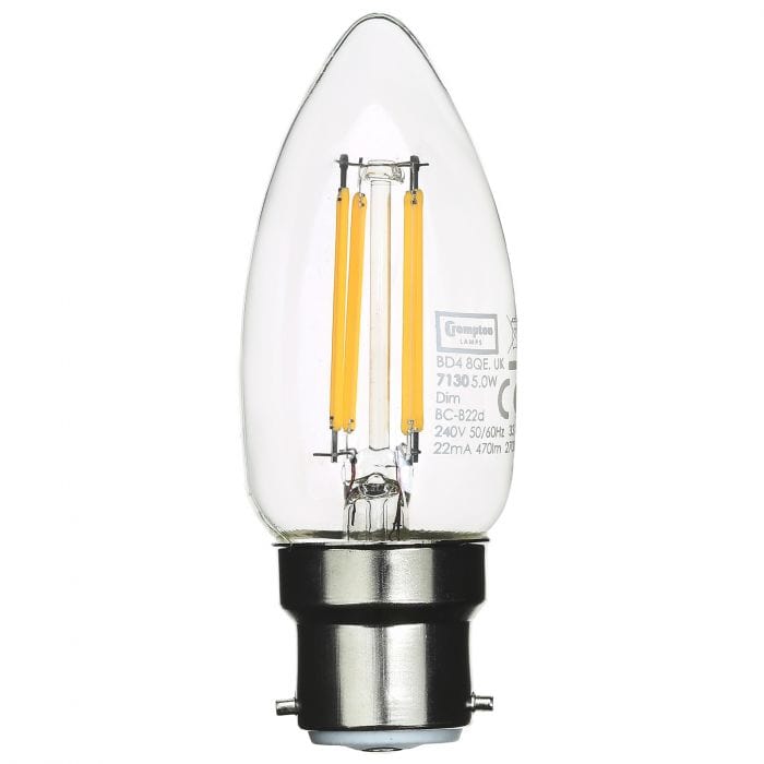 Spare and Square Light Bulb Crompton LED Filament Candle Bulb - 5 Watt - BC - Warm White JD7130 - Buy Direct from Spare and Square