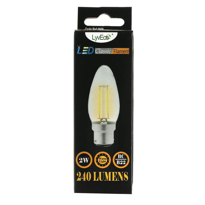 Spare and Square Light Bulb Lyveco 2W BC LED FILAMENT CANDLE WARM WHITE JD8093B - Buy Direct from Spare and Square