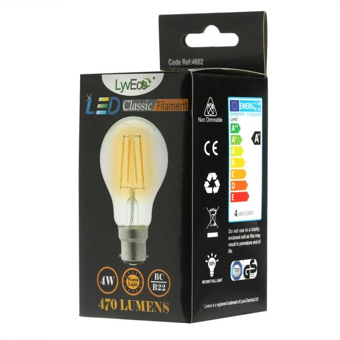 Spare and Square Light Bulb Lyveco 4W BC LED FILAMENT GLS WARM WHITE JD8091B - Buy Direct from Spare and Square