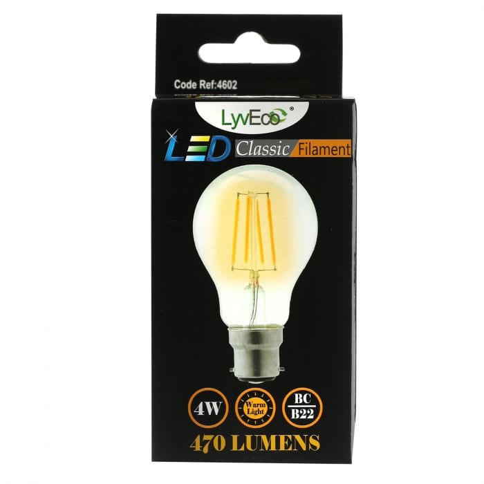 Spare and Square Light Bulb Lyveco 4W BC LED FILAMENT GLS WARM WHITE JD8091B - Buy Direct from Spare and Square