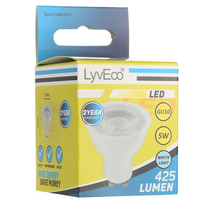 Spare and Square Light Bulb Lyveco 5W Led Smd/Cob GU10 240V 60Â° Cool White JD8061CW - Buy Direct from Spare and Square