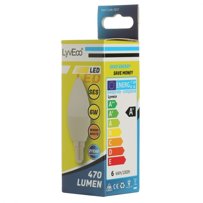 Spare and Square Light Bulb Lyveco 6W Candle Bulb - SES - Warm White JD8065S - Buy Direct from Spare and Square