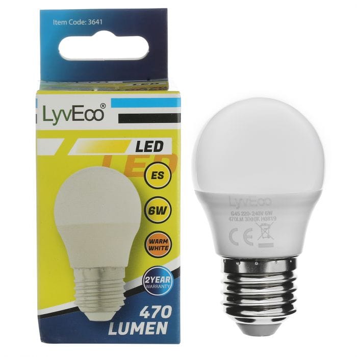 Spare and Square Light Bulb Lyveco 6W LED Round Bulb - ES - G45 - Warm White JD3656 - Buy Direct from Spare and Square