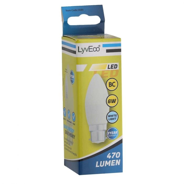Spare and Square Light Bulb Lyveco BC 6W LED 240V C37 CANDLE COOL WHITE JD8084B - Buy Direct from Spare and Square