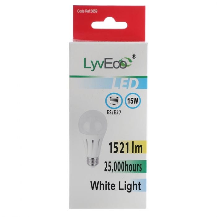 Spare and Square Light Bulb Lyveco ES 15W LED 240V A60 (GLS) COOL WHITE JD8081E - Buy Direct from Spare and Square