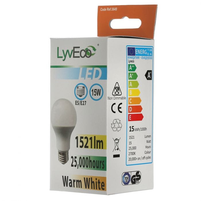 Spare and Square Light Bulb Lyveco ES 15W LED 240V A60 (GLS) WARM WHITE JD8080E - Buy Direct from Spare and Square