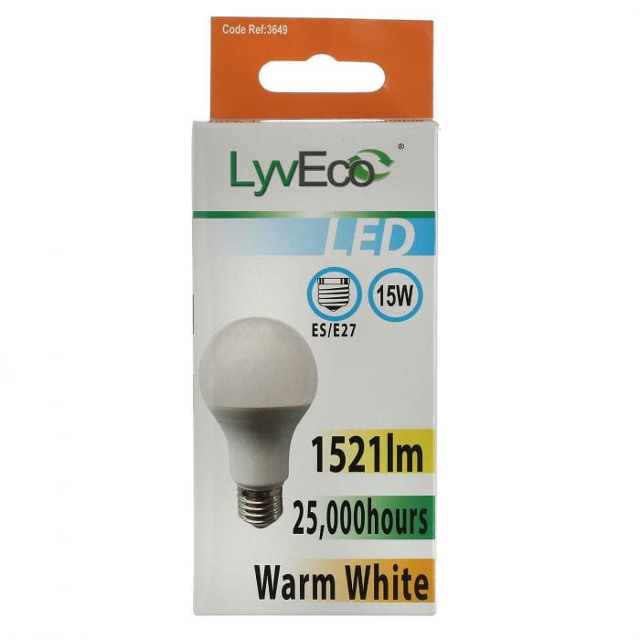 Spare and Square Light Bulb Lyveco ES 15W LED 240V A60 (GLS) WARM WHITE JD8080E - Buy Direct from Spare and Square