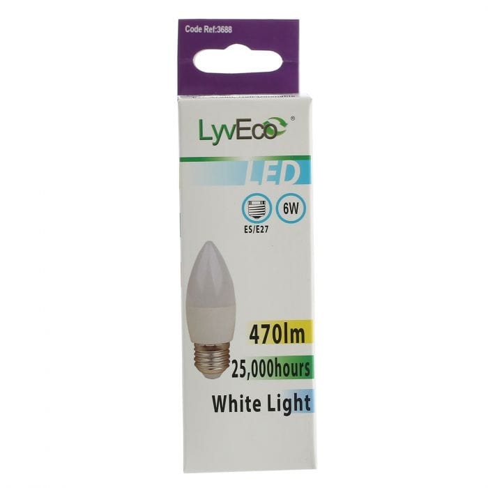 Spare and Square Light Bulb Lyveco ES 6W LED 240V C37 CANDLE COOL WHITE JD8065E - Buy Direct from Spare and Square