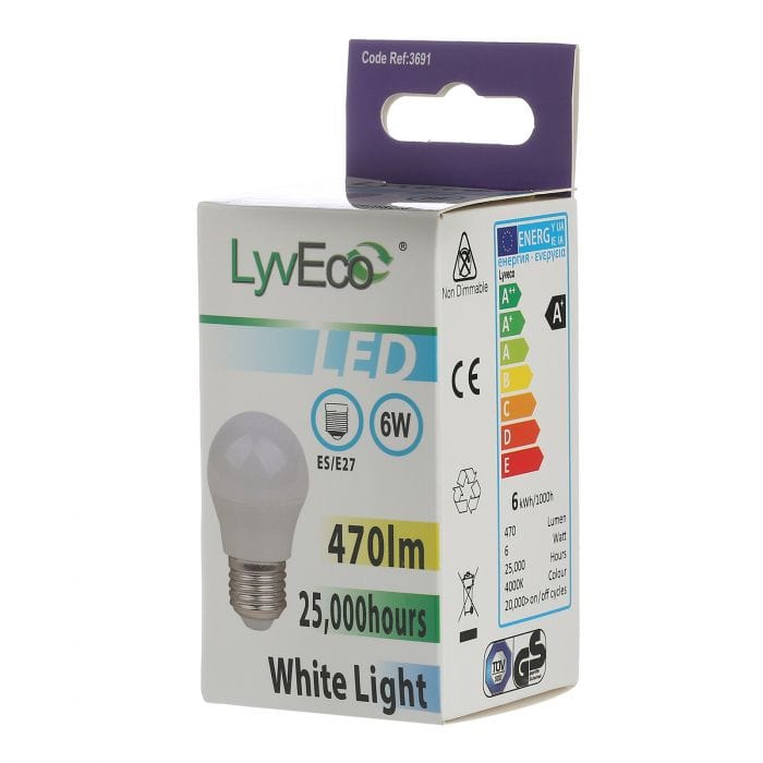 Spare and Square Light Bulb Lyveco ES 6W LED 240V G45 ROUND COOL WHITE JD8085E - Buy Direct from Spare and Square