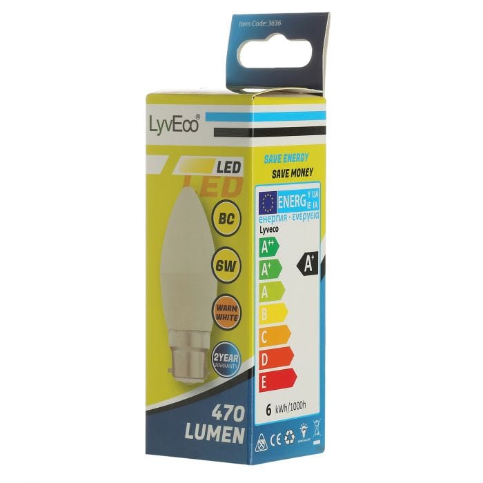 Spare and Square Light Bulb Lyveco LED 6W Candle Bulb - BC - C37 - Warm White JD8065B - Buy Direct from Spare and Square