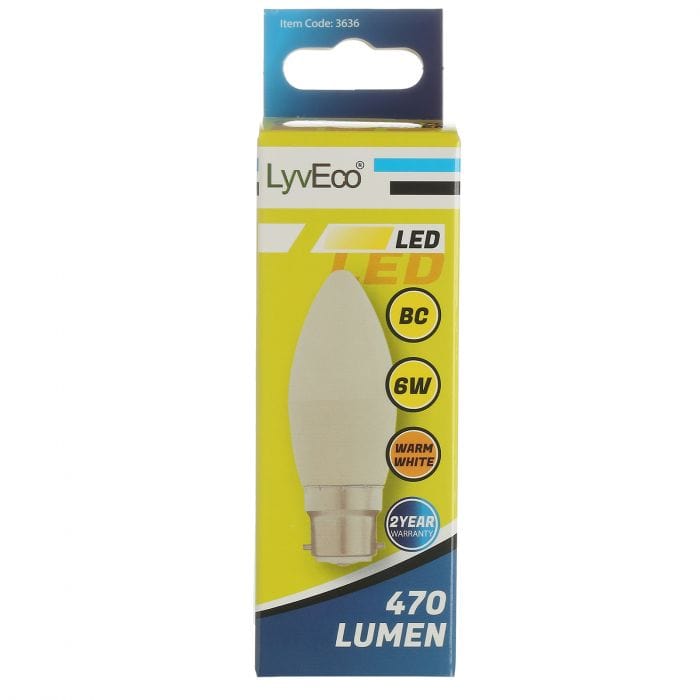 Spare and Square Light Bulb Lyveco LED 6W Candle Bulb - BC - C37 - Warm White JD8065B - Buy Direct from Spare and Square