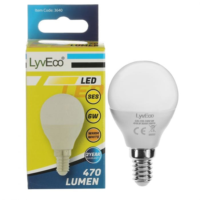 Spare and Square Light Bulb Lyveco LED 6W Round Bulb - SES - G45 - Warm White JD780B - Buy Direct from Spare and Square