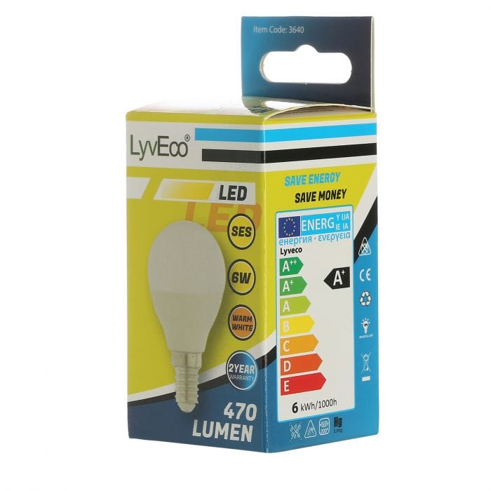 Spare and Square Light Bulb Lyveco LED 6W Round Bulb - SES - G45 - Warm White JD780B - Buy Direct from Spare and Square