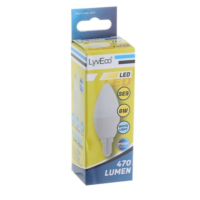 Spare and Square Light Bulb Lyveco SES 6W LED 240V C37 CANDLE COOL WHITE JD8084S - Buy Direct from Spare and Square