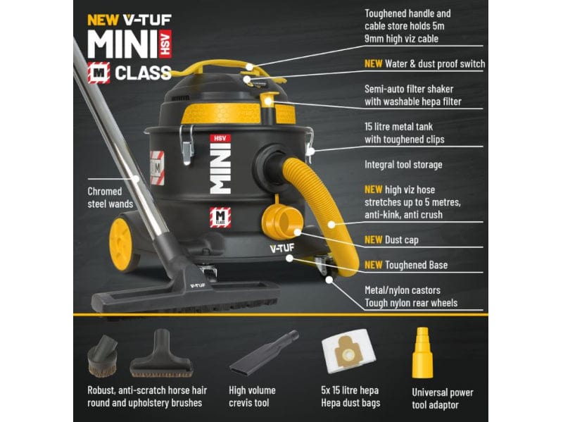 V-Tuf Vacuum Cleaner V-Tuf Mini HSV Vacuum Cleaner - M-Class Health & Safety Version - 240v MINIHSV240 - Buy Direct from Spare and Square